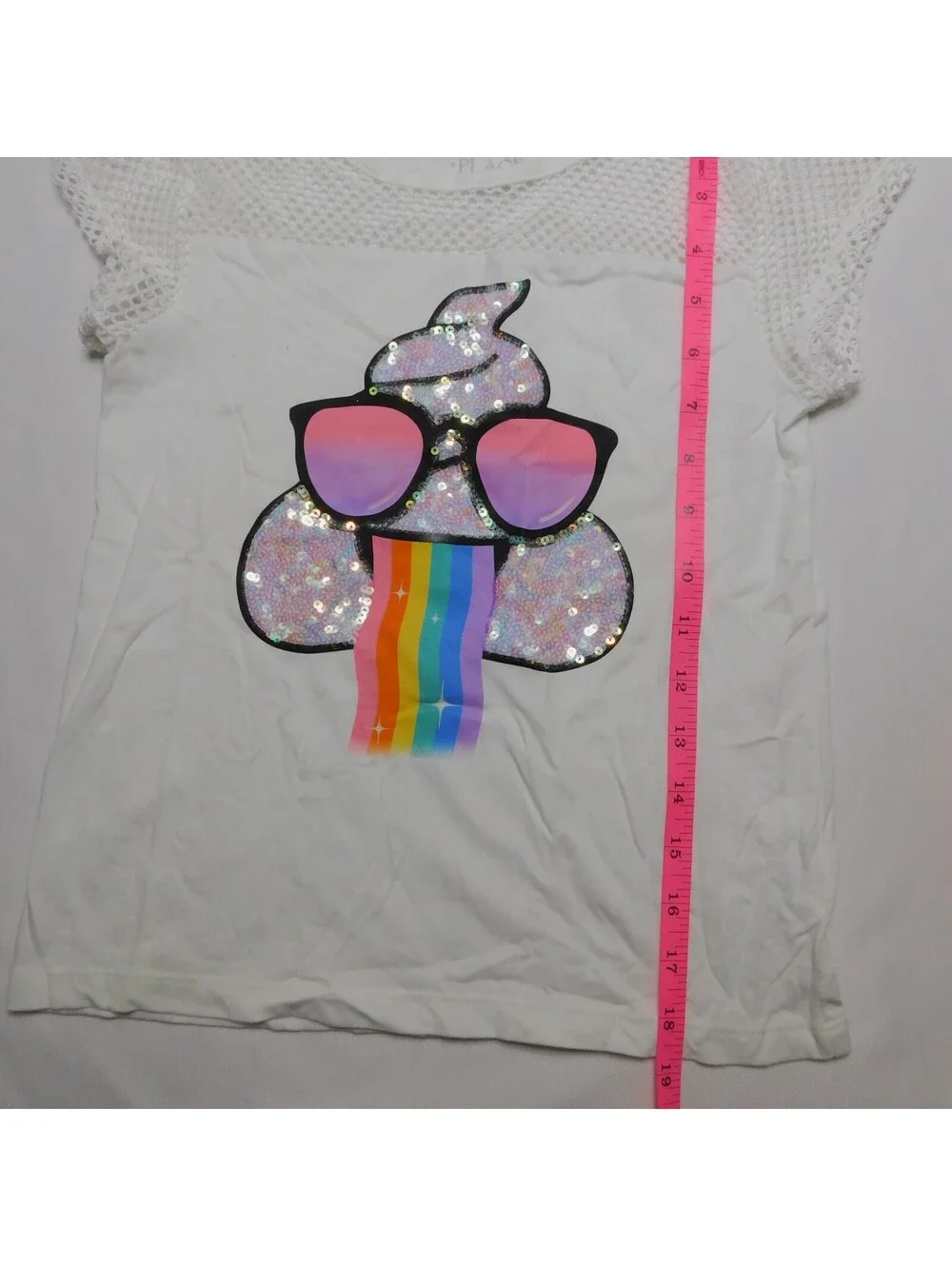 The Childrens Place Girls Shirt Medium 7/8 White Poop Emoji Sequin Rainbow Top